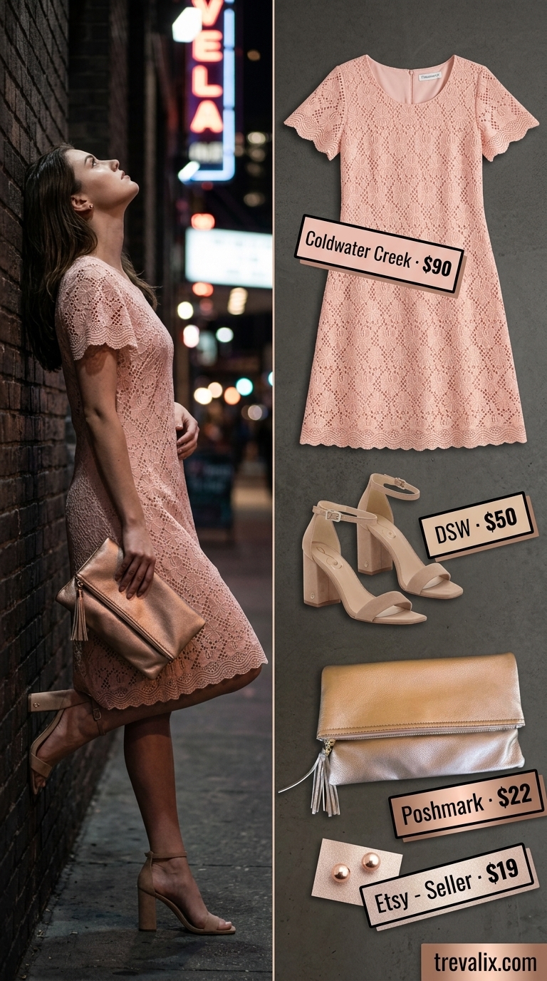 Blush pink lace dress with rose gold accessories, a romantic summer cocktail party outfit for women 2026.