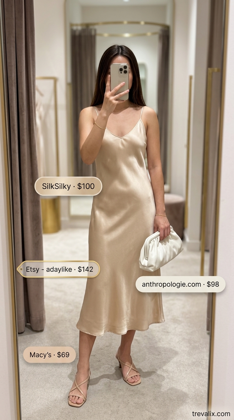 Champagne silk slip dress with gold jewelry, perfect summer cocktail party outfit for women 2026.