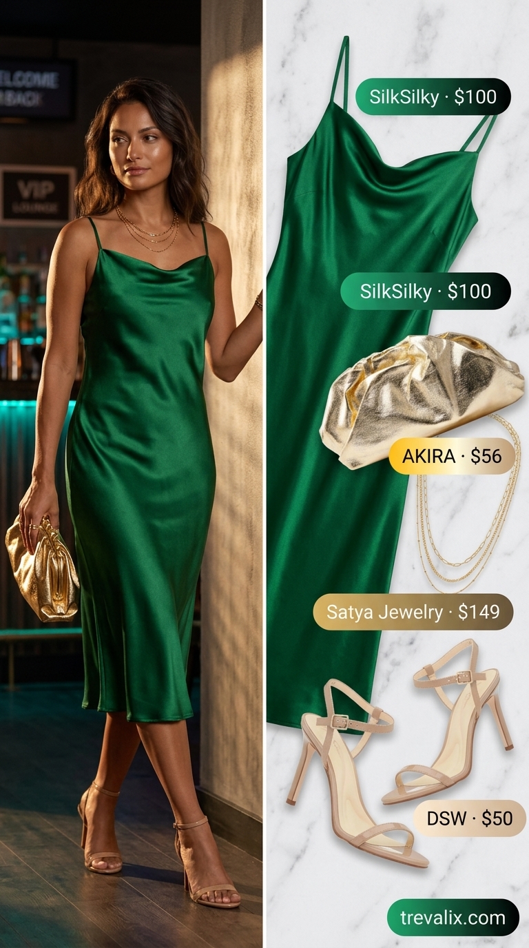 Emerald green satin slip dress with gold jewelry, a sophisticated summer cocktail party outfit for women 2026.