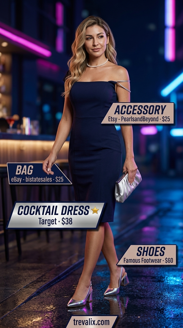 Navy sheath dress with pearls, a classic summer cocktail party outfit for women 2026.