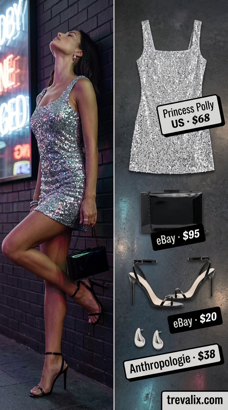 Silver sequin mini dress with black accessories, a daring summer cocktail party outfit for women 2026.