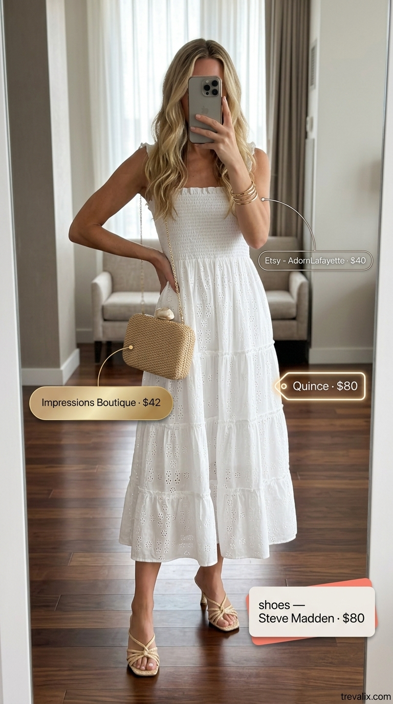 White eyelet midi dress with raffia mules, a breezy summer cocktail party outfit for women 2026.