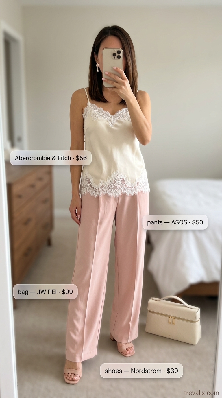 Romantic garden party outfit: blush pink cotton pants for women 2026, cream lace cami, rose gold earrings. Feminine style.