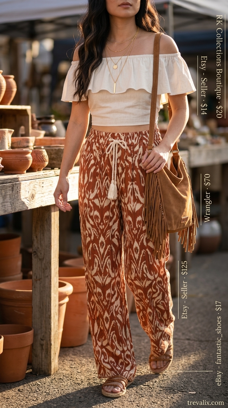 Boho rust print palazzo cotton pants for women 2026, perfect for festivals with cream crop top and layered necklaces.