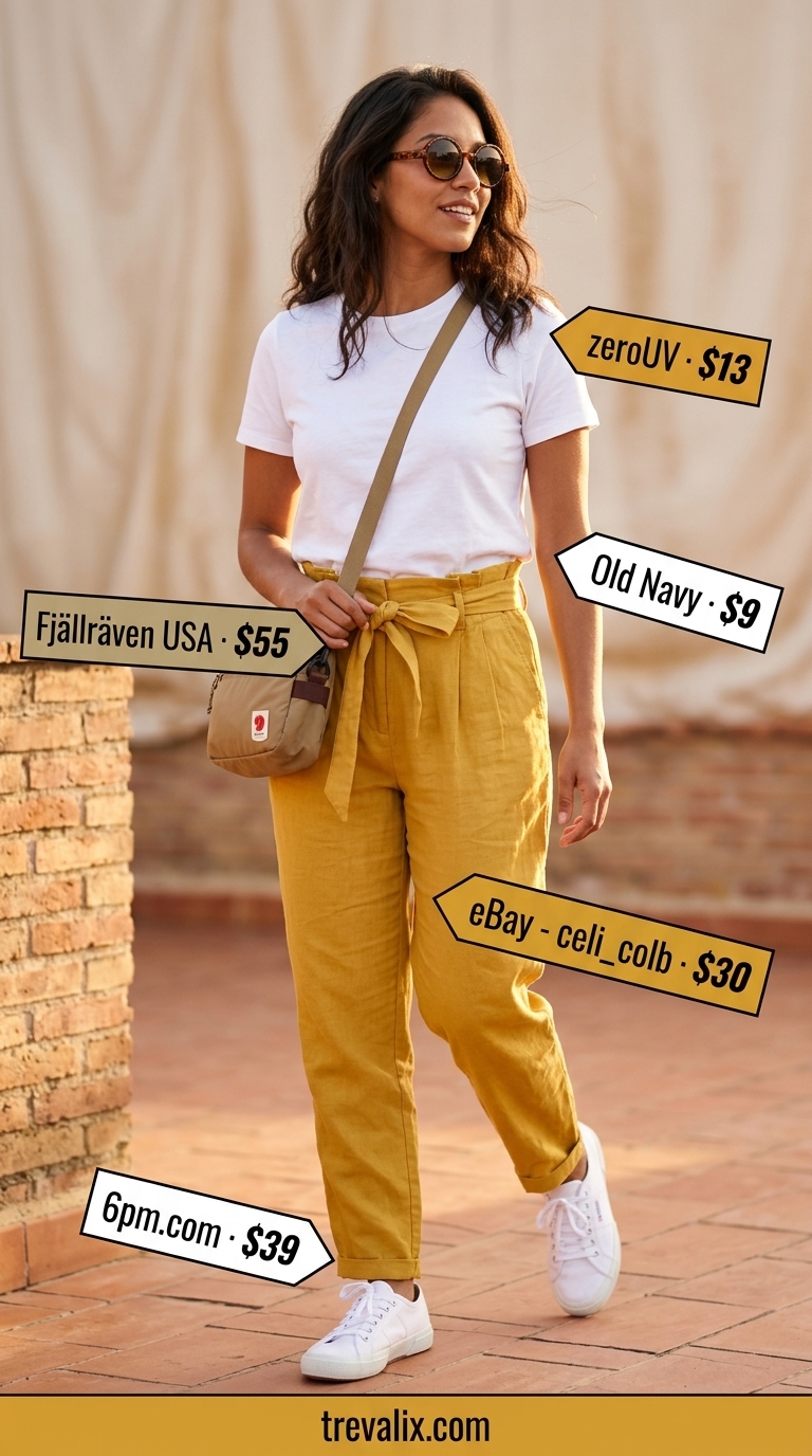 Playful mustard yellow paperbag cotton pants for women 2026, perfect for city exploration with white tee and sneakers.