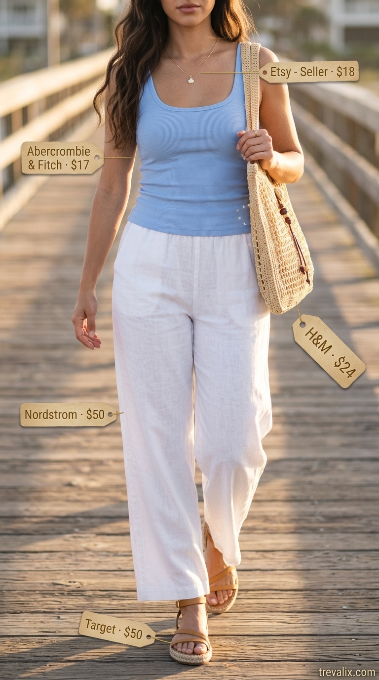 Relaxed white wide-leg cotton pants for women 2026, ideal for coastal brunch with sky blue top and straw accessories.