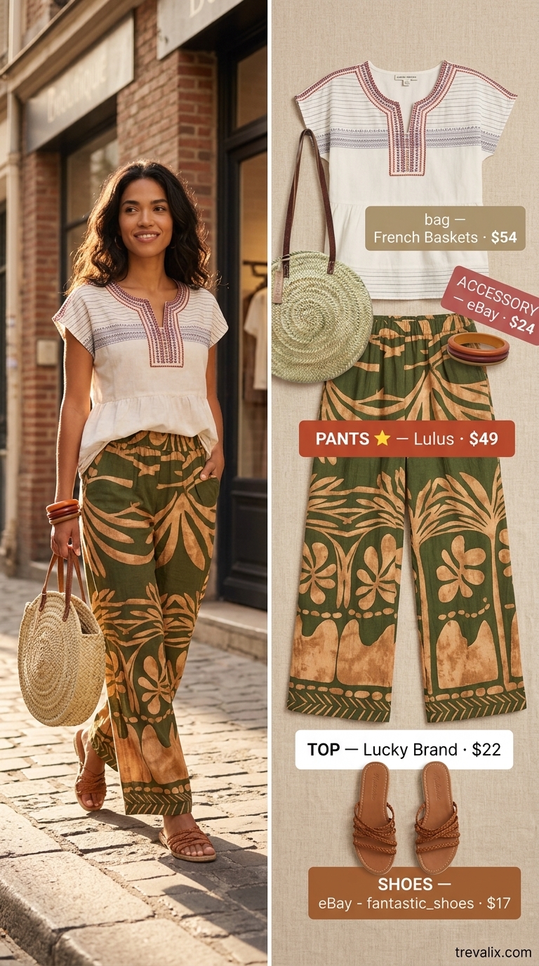 Bohemian festival outfit: earthy print cotton pants for women 2026, cream peasant blouse, straw bag. Adventurous style.