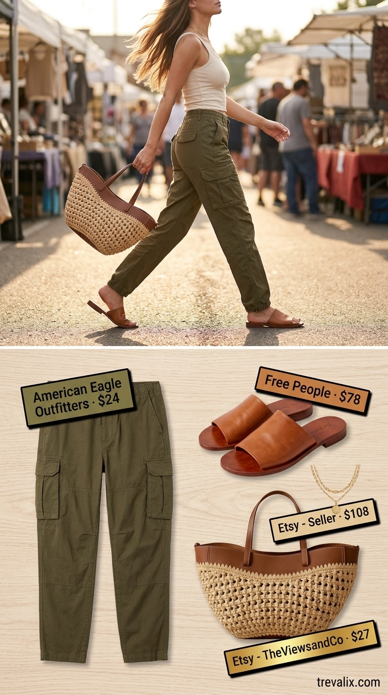 Bohemian desert oasis outfit with olive cargo pants, cream linen shirt, and leather slides. Summer cotton pants for women 2026.