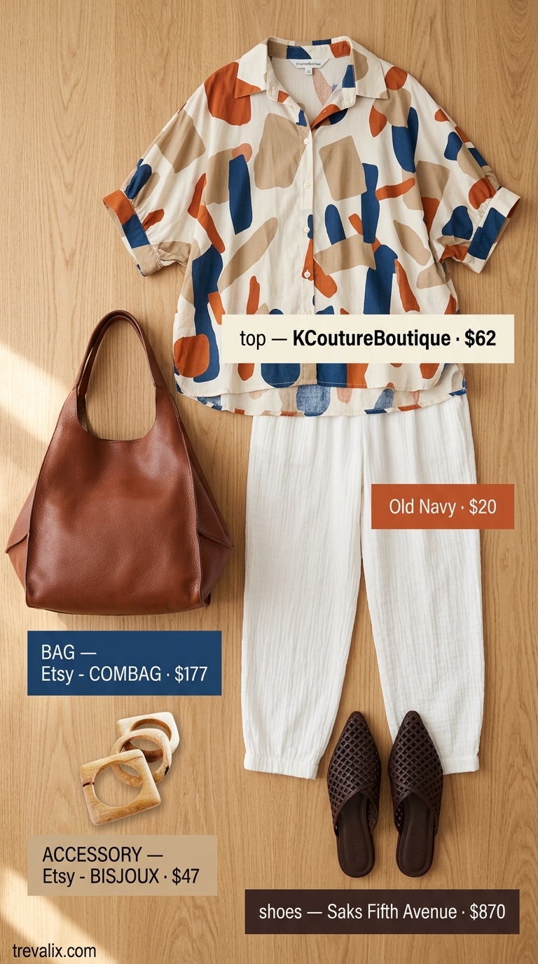 Artistic earthy outfit with cream cotton-linen pants, abstract print tunic, and woven mules. Summer cotton pants for women 2026.