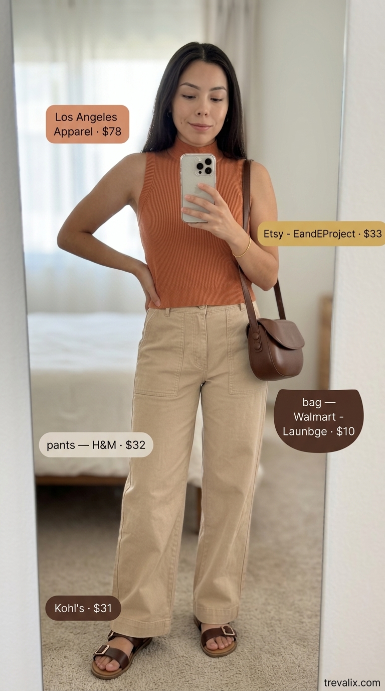 Chic beige utility cotton pants for women 2026 paired with burnt orange top and brown accessories for everyday wear.