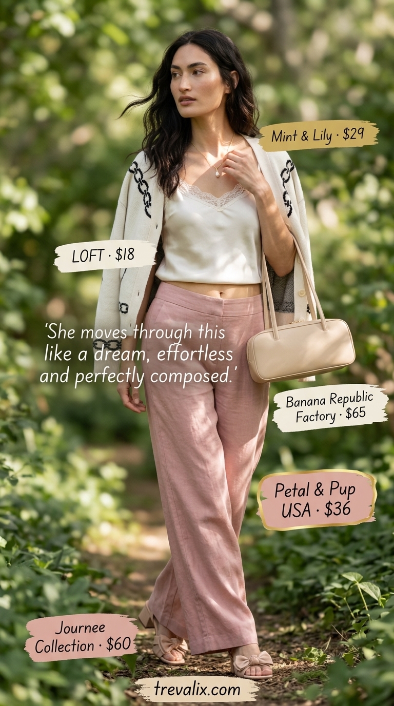 Romantic garden party outfit with blush pink wide-leg cotton pants, cream lace camisole, and block heels. Summer cotton pants for women 2026.