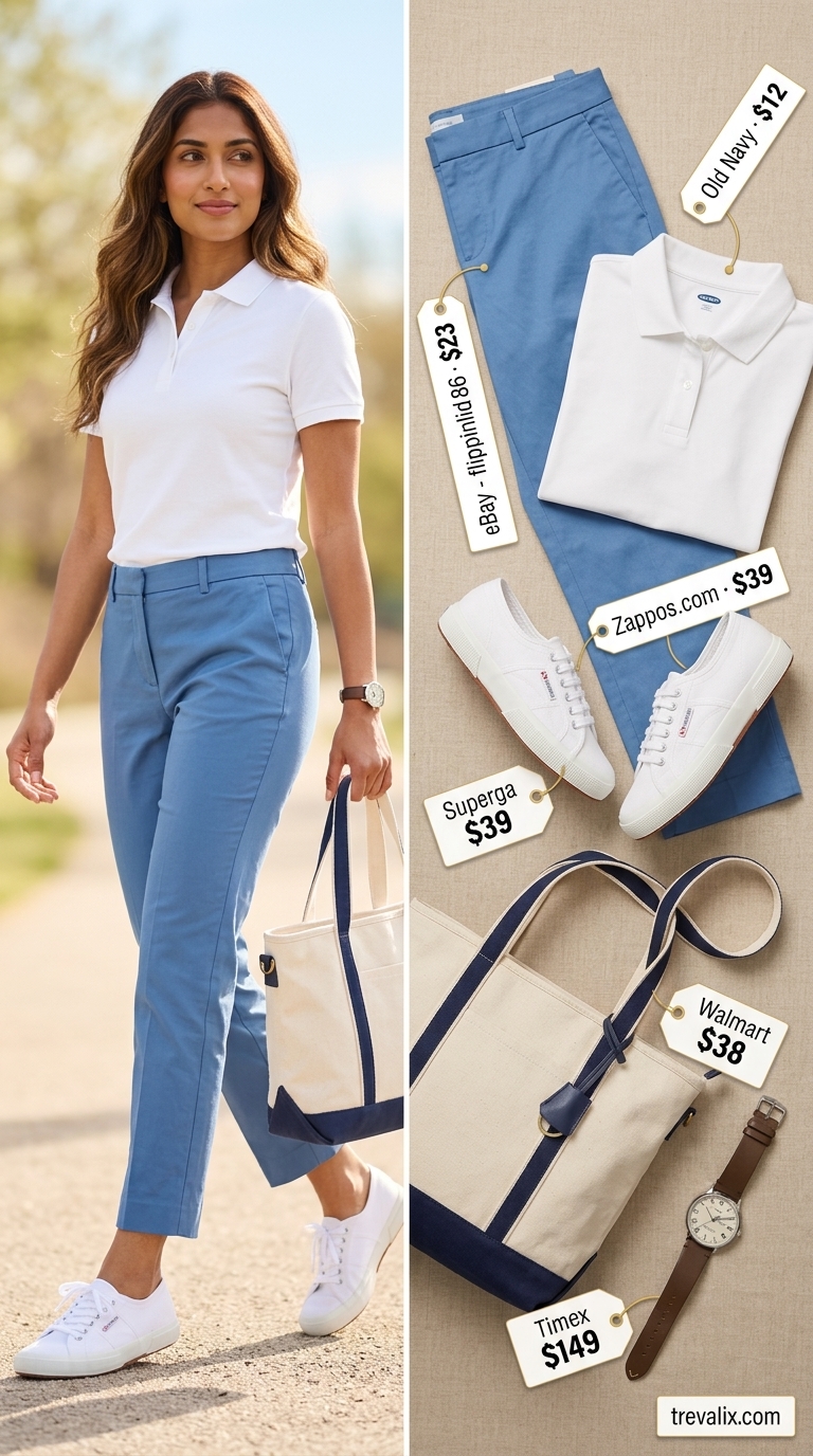 Preppy light blue cotton chinos for women 2026, great for garden parties with white polo and canvas sneakers.