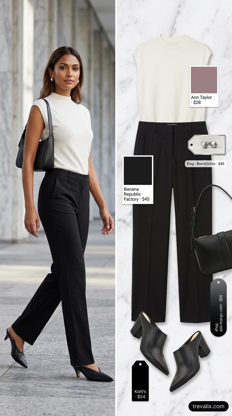Sophisticated office wear: black cotton pants for women 2026, ivory mock neck top, silver earrings. Perfect for business casual.
