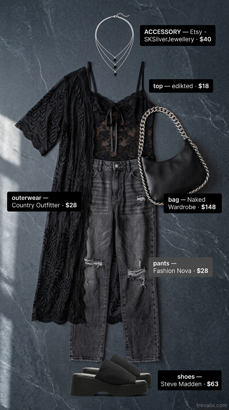 Edgy midnight bloom outfit with black distressed jeans, lace cami, kimono, and platform sandals. Summer cotton pants for women 2026.