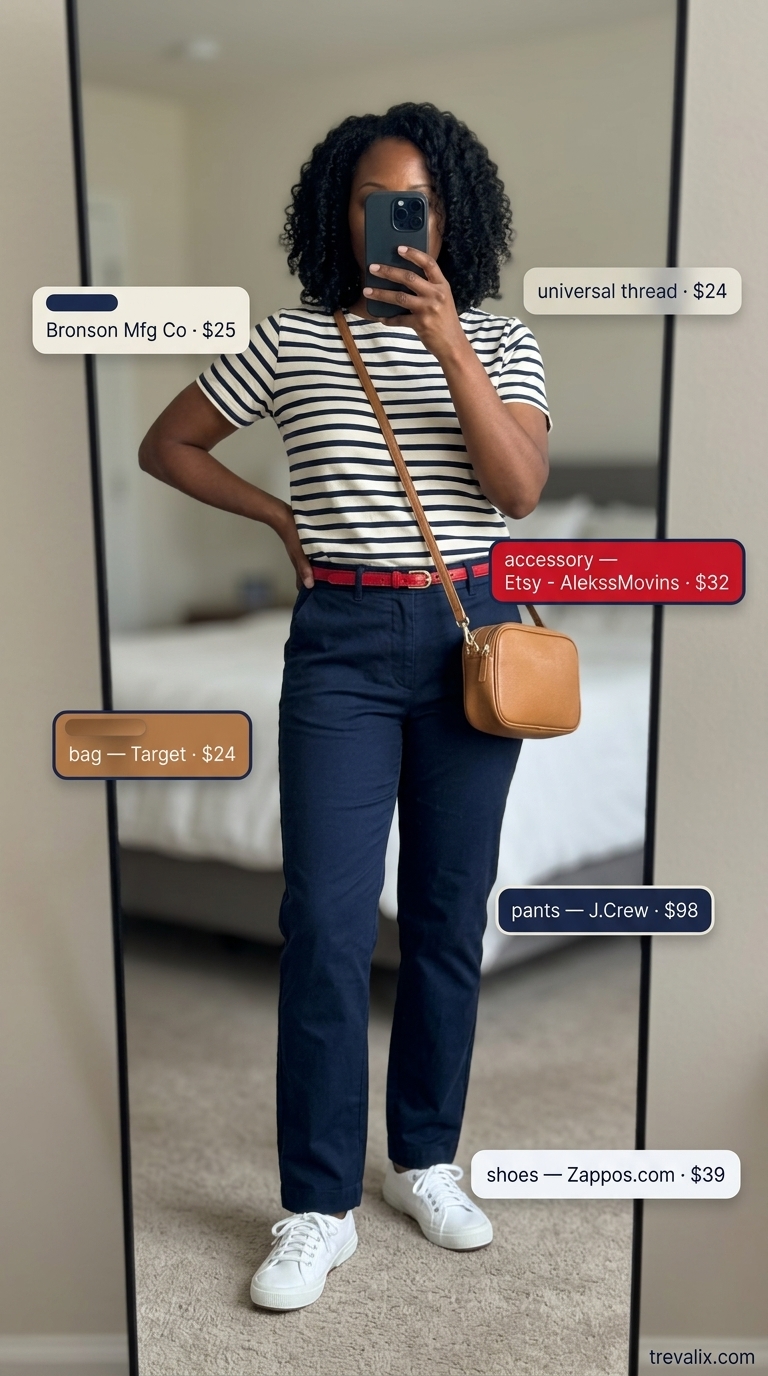 Classic navy cotton chinos for women 2026, ideal for nautical weekends with stripe tee and red belt.