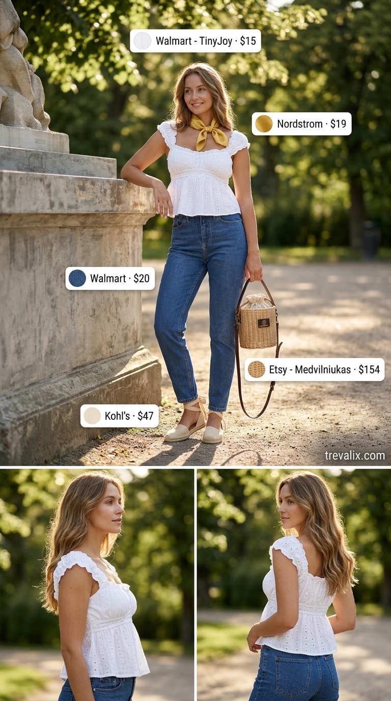 Retro picnic outfit with dark denim mom jeans, white eyelet crop top, yellow silk scarf, and wicker bag. Summer cotton pants for women 2026.