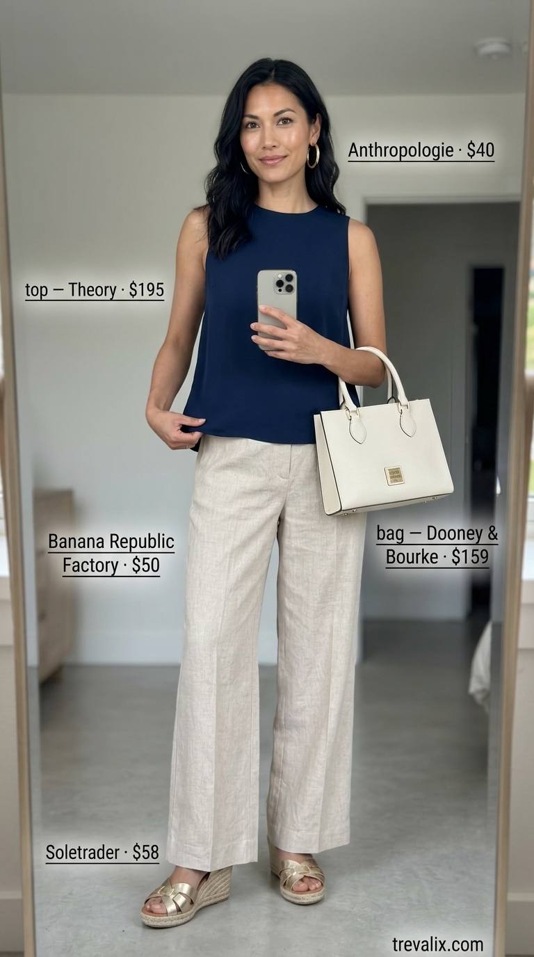 Elegant vacation outfit: cream wide-leg cotton pants for women 2026, navy silk top, gold hoops. Sophisticated style.