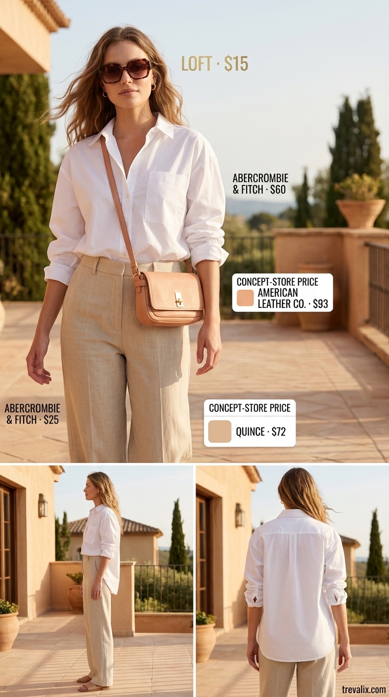 Sophisticated Riviera retreat outfit with beige linen pants, white oversized shirt, and leather slides. Summer cotton pants for women 2026.