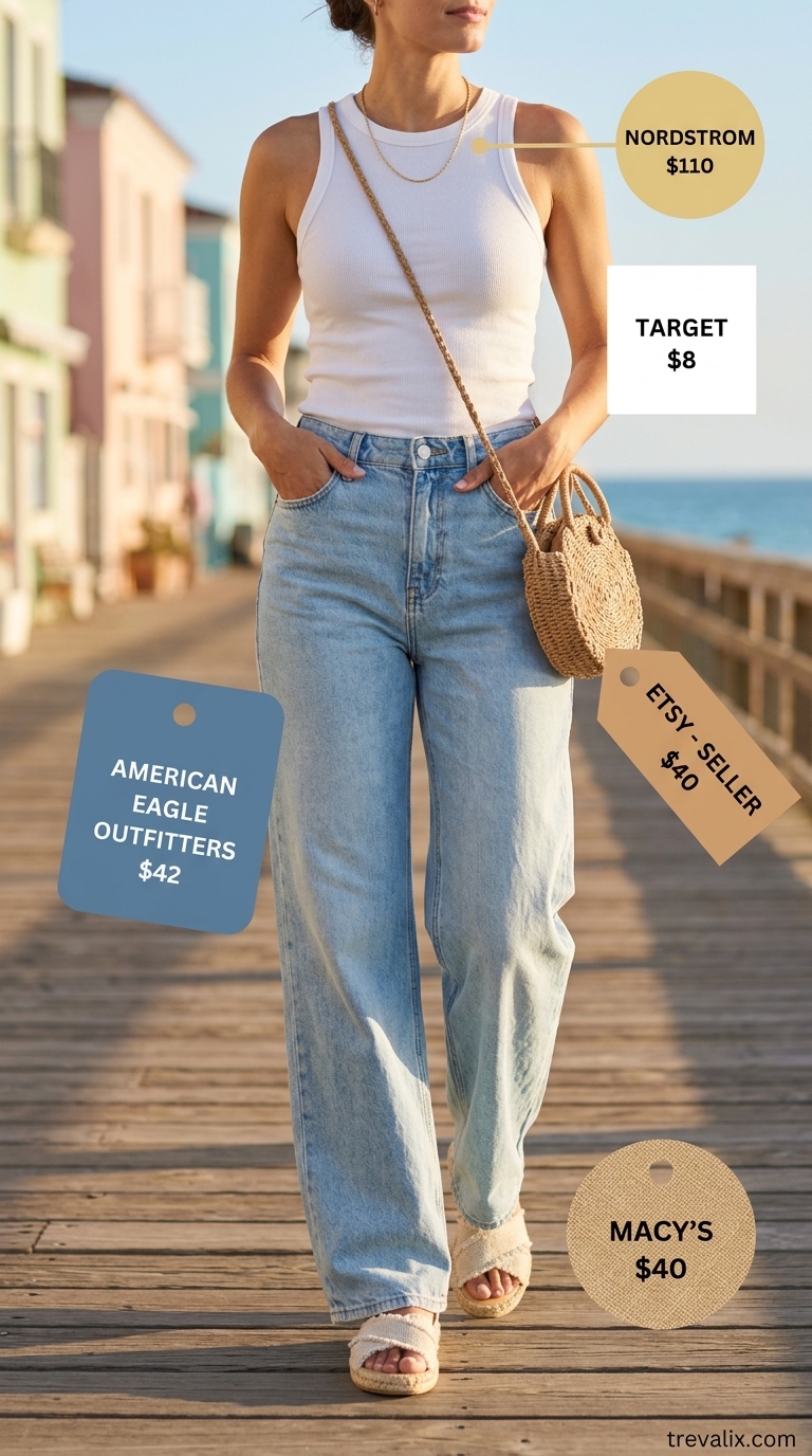 Relaxed beach vacation outfit: wide-leg denim cotton pants for women 2026, white ribbed tank, straw bag. Effortless style.