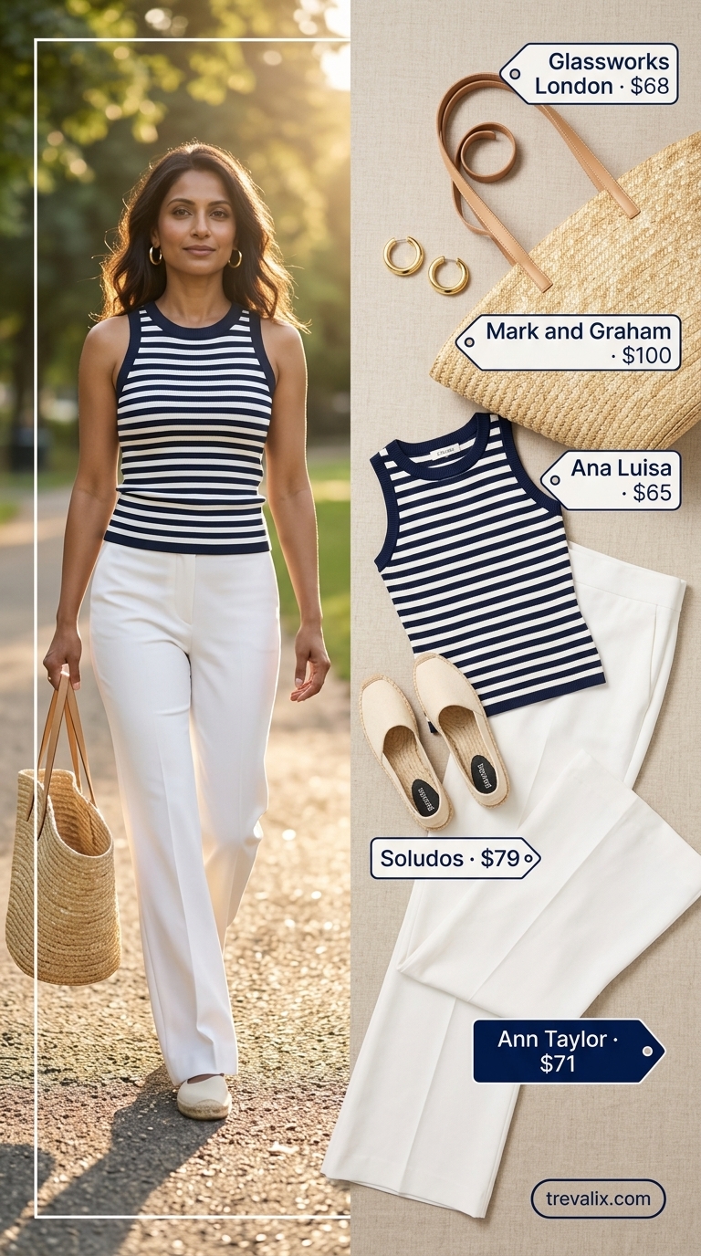 Coastal chic outfit featuring white wide-leg cotton pants, navy stripe tank, espadrilles, and straw tote. Summer cotton pants for women 2026.