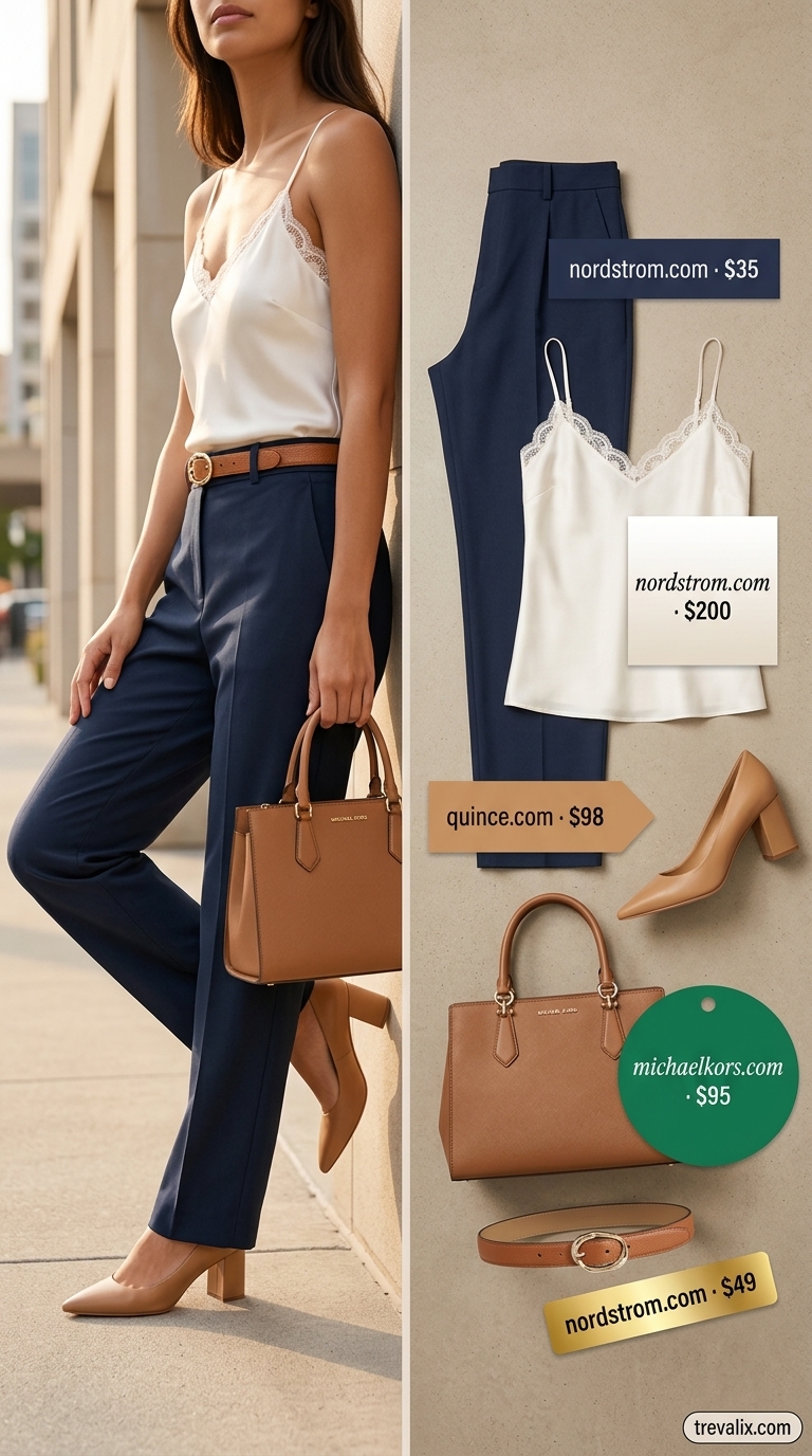 Professional office wear: navy cotton pants for women 2026, ivory silk cami, tan leather bag. Polished style.