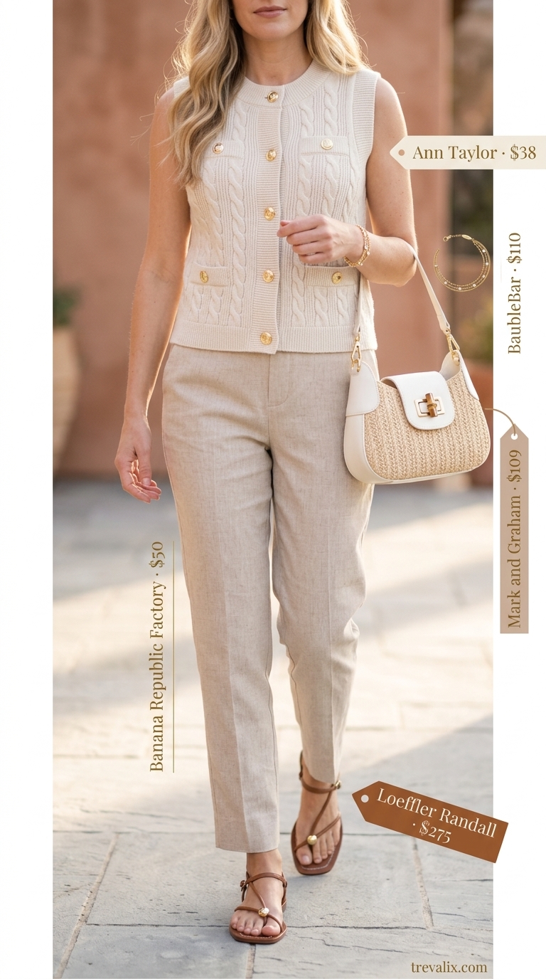 Refined summer retreat outfit with sand beige tapered cotton pants, knit vest, and slingbacks. Summer cotton pants for women 2026.
