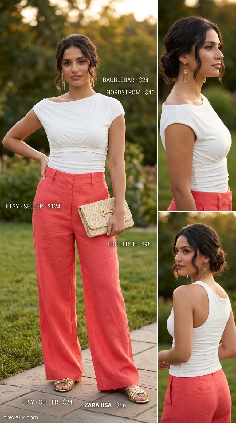 Glamorous summer party outfit: coral cotton pants for women 2026, white one-shoulder top, gold sandals. Vibrant style.