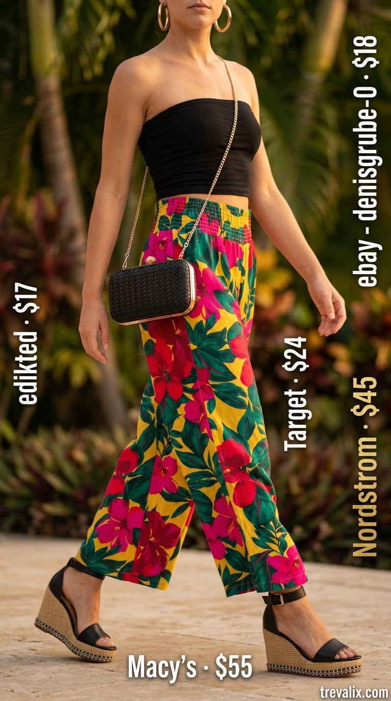 Exotic tropical print palazzo pants for women 2026, perfect for resort dinners with black bandeau and wedges.
