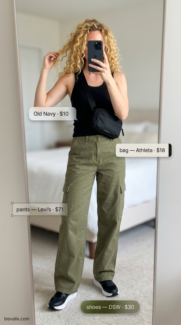 Utilitarian urban safari outfit with olive cargo pants, black tank, sneakers, and belt bag. Summer cotton pants for women 2026.