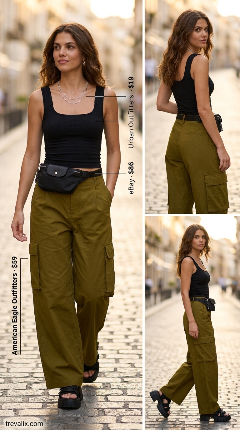 Edgy olive green cargo cotton pants for women 2026, perfect for urban safari with black crop top and platform sandals.