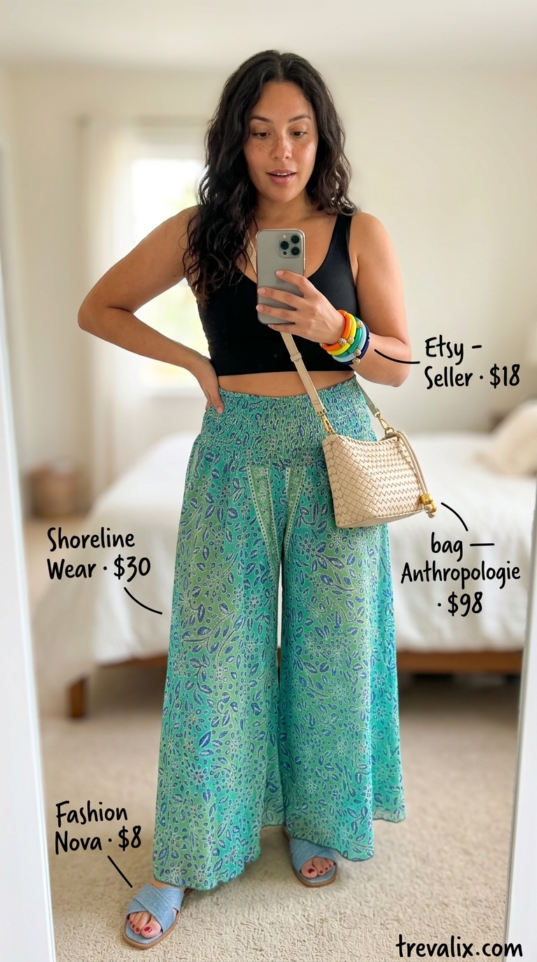 Creative art fair outfit: abstract print cotton pants for women 2026, yellow tank, denim blue sandals. Playful style.