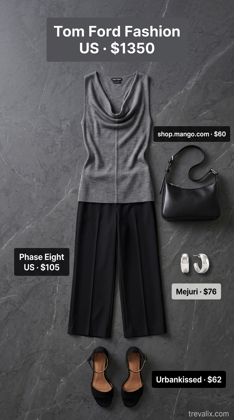 Chic urban summer cowl neck outfits for women 2026: Charcoal grey knit top & black culottes.
