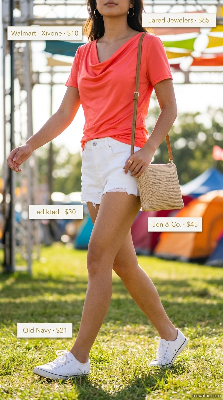 Playful summer cowl neck outfits for women 2026: Coral cowl neck tee with white denim shorts and canvas sneakers.
