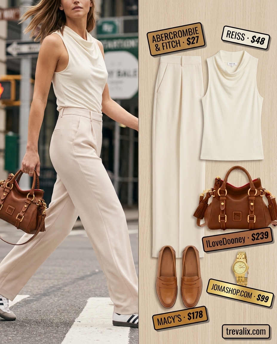 City chic summer cowl neck outfits for women 2026: Cream knit top with beige wide-leg trousers and leather loafers.