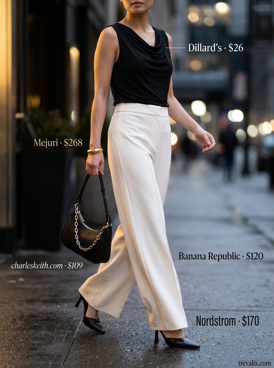 Chic summer cowl neck outfits for women 2026: Cream trousers & satin top.