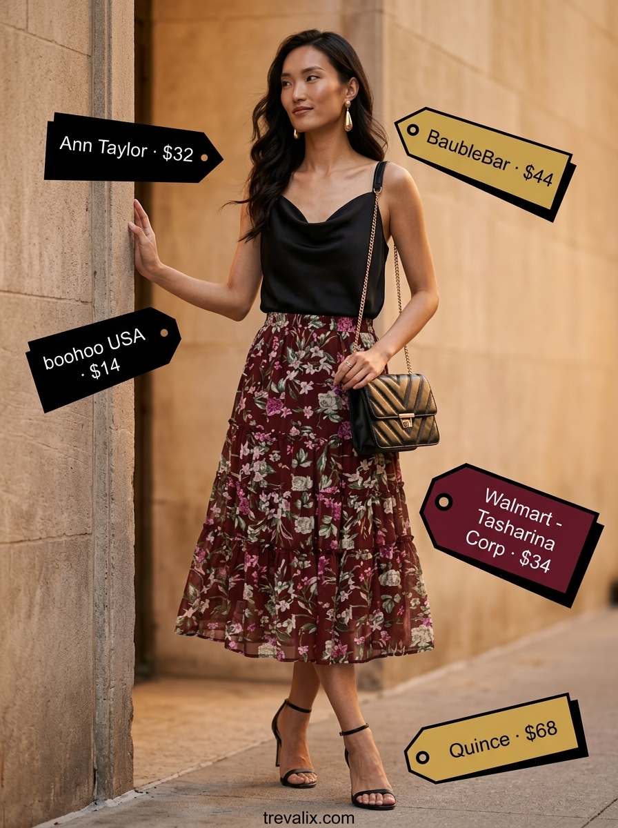 Elegant summer cowl neck outfit: black satin cami, floral midi skirt, black heels. For evening out.