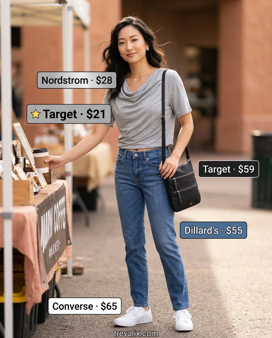 Casual summer cowl neck tee outfit: grey tee, denim jeans, white sneakers. For everyday wear.