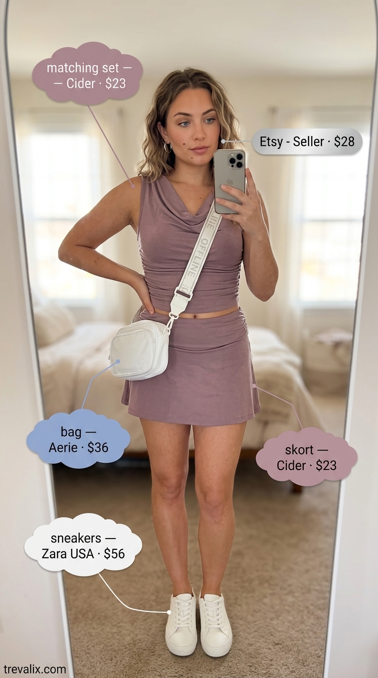 Comfortable summer cowl neck set: light blue cropped tank, matching shorts, white sneakers. For lounging.