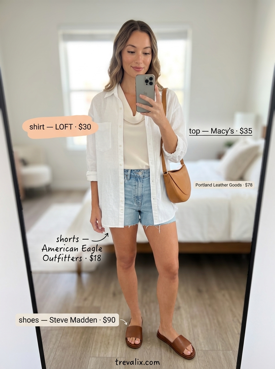 Casual summer cowl neck outfits for women 2026: Linen shirt & tank with denim shorts.