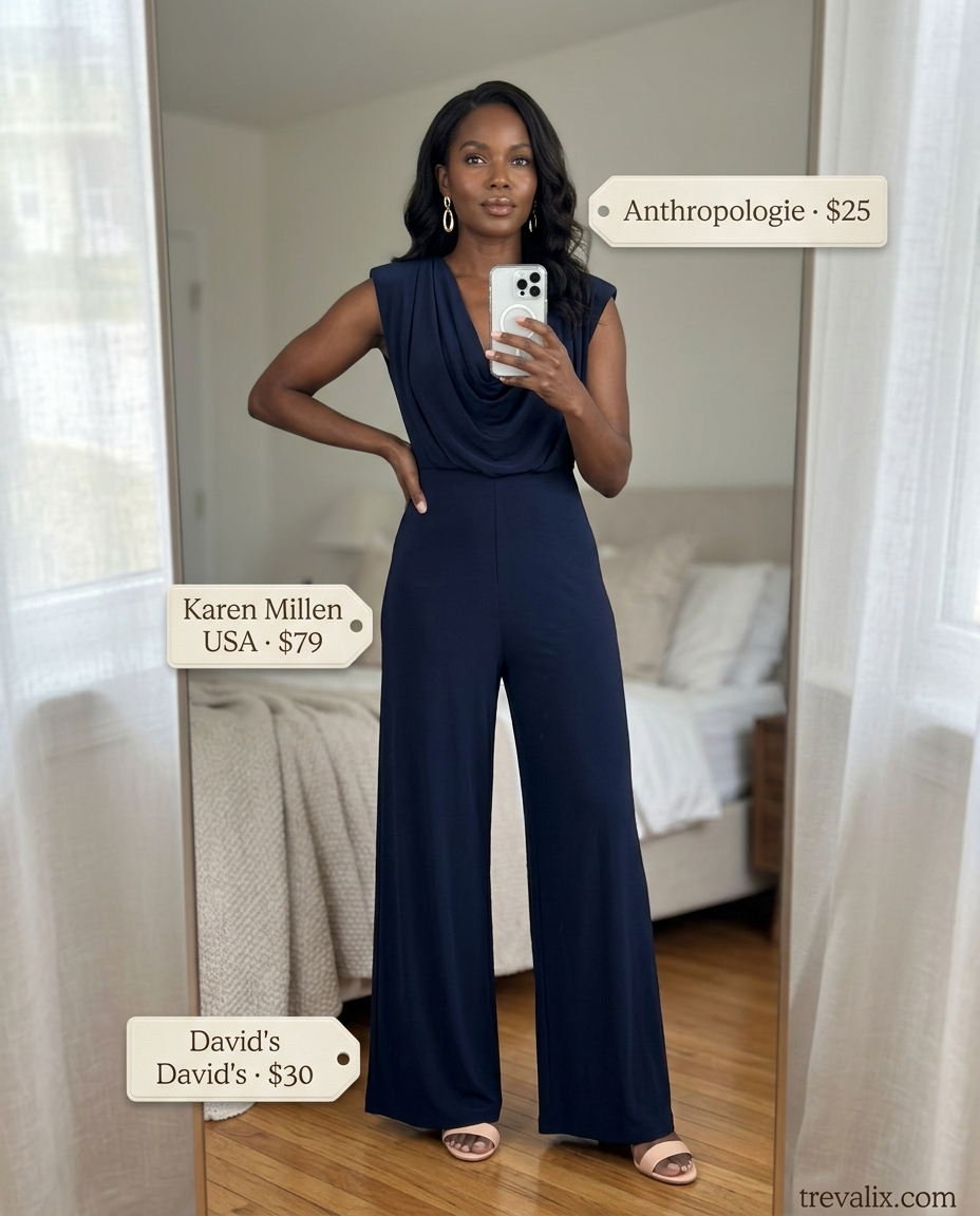 Sophisticated summer cowl neck outfits for women 2026: Navy wide-leg jumpsuit.