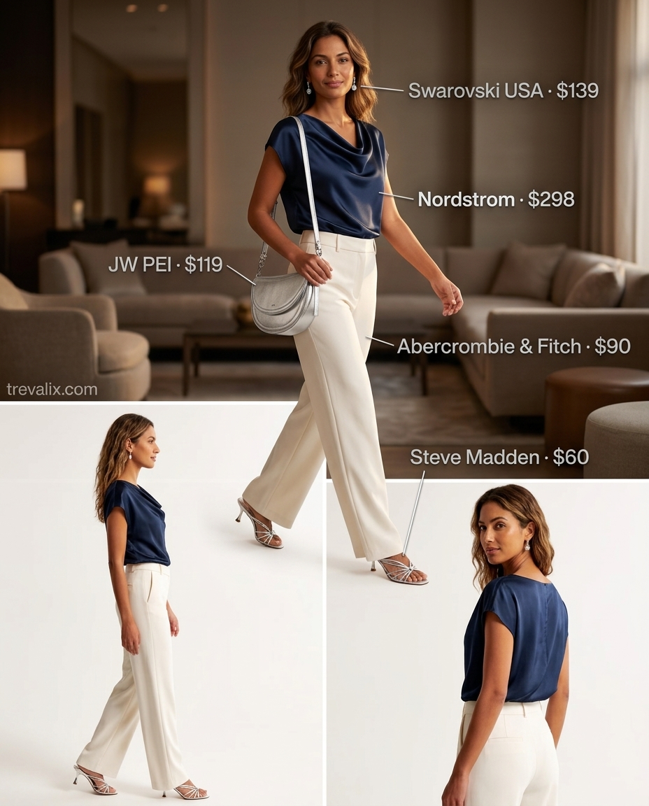 Sophisticated summer cowl neck outfit: navy satin blouse, cream trousers, silver heels. For evening events.