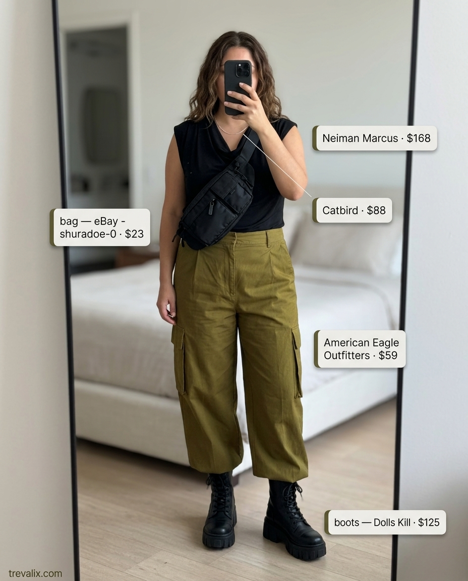 Cool summer cowl neck outfit: olive cargo pants, black fitted top, combat boots. For casual outings.