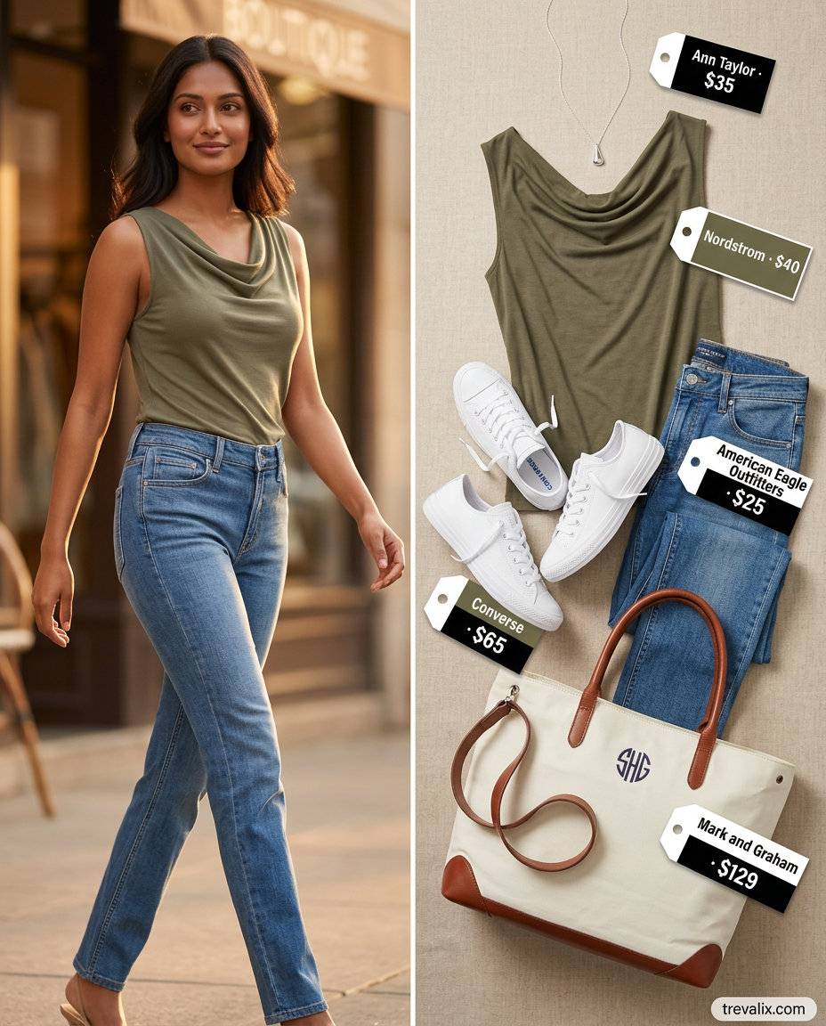 Casual summer cowl neck outfit: olive knit top, denim jeans, white sneakers. For weekend wear.