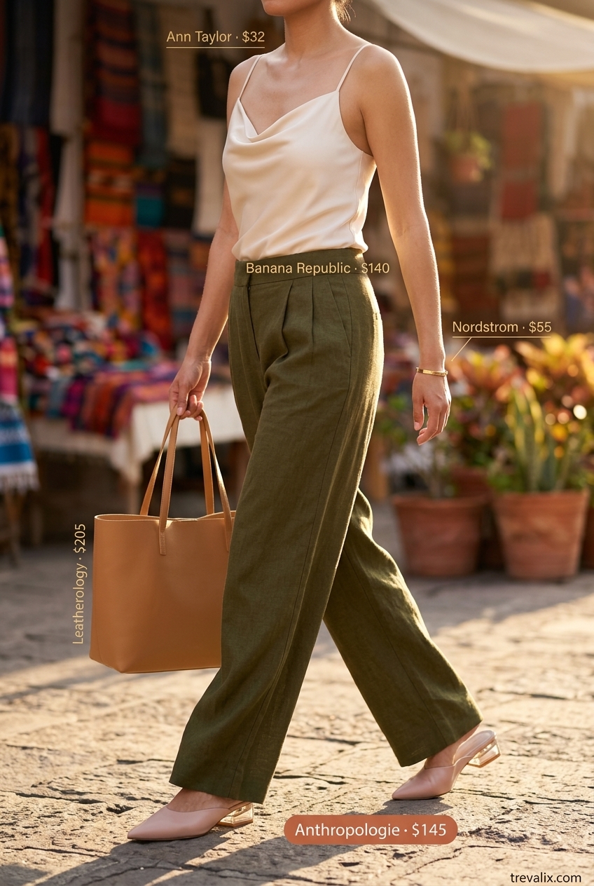 Sophisticated summer cowl neck outfits for women 2026: Olive green linen pantsuit with cream cowl top and gold accessories.
