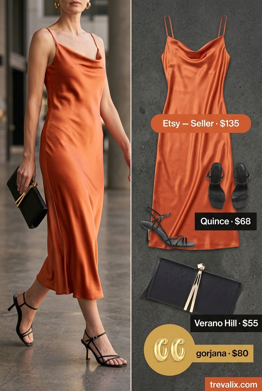 Sophisticated summer cowl neck outfits for women 2026: Vibrant orange slip dress with gold hoops and black heels.