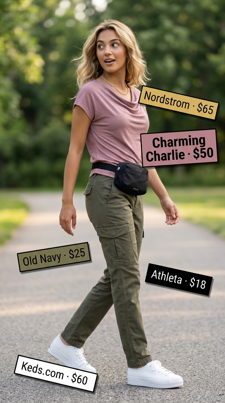 Elevated basics summer cowl neck outfits for women 2026: Muted pink cowl neck tee with olive cargo pants and sneakers.