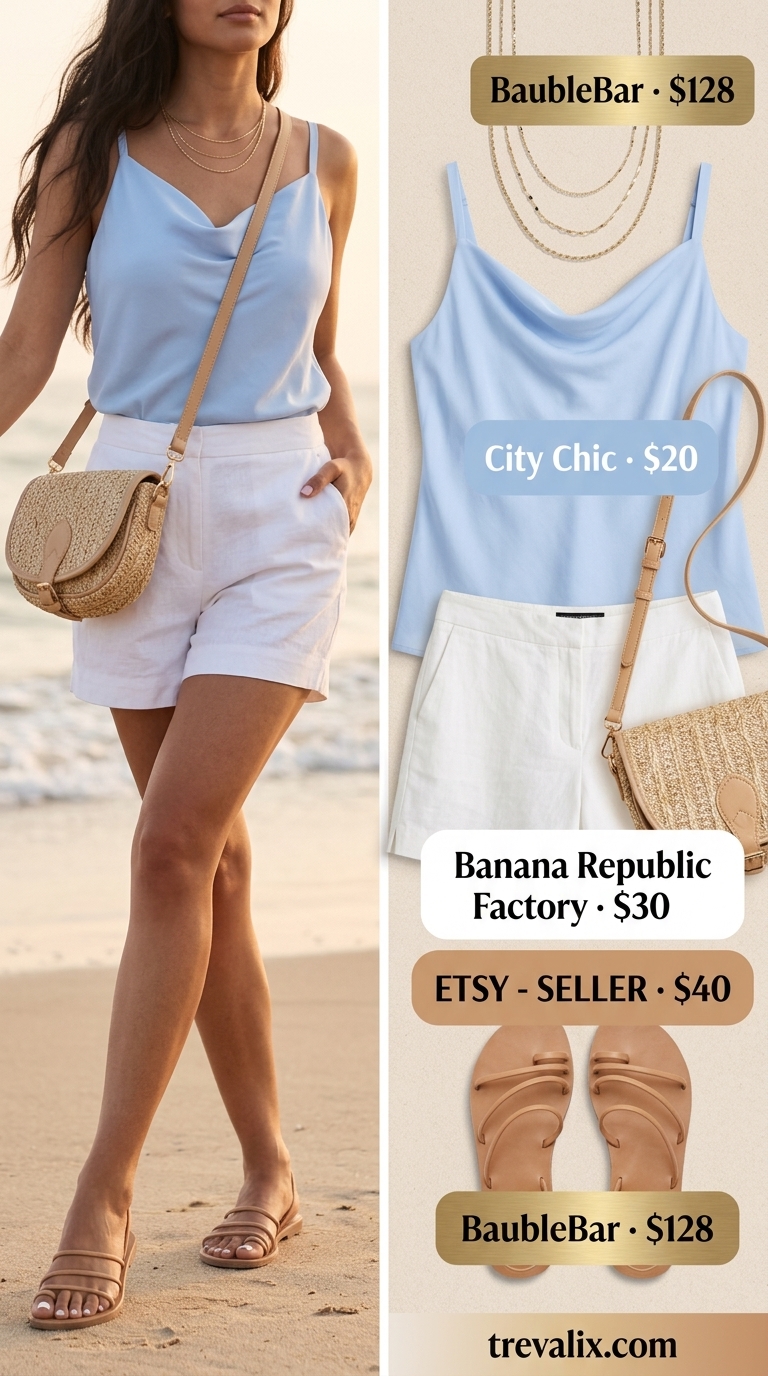 Coastal breeze summer cowl neck outfits for women 2026: Sky blue cowl neck tank with white linen shorts and tan sandals.