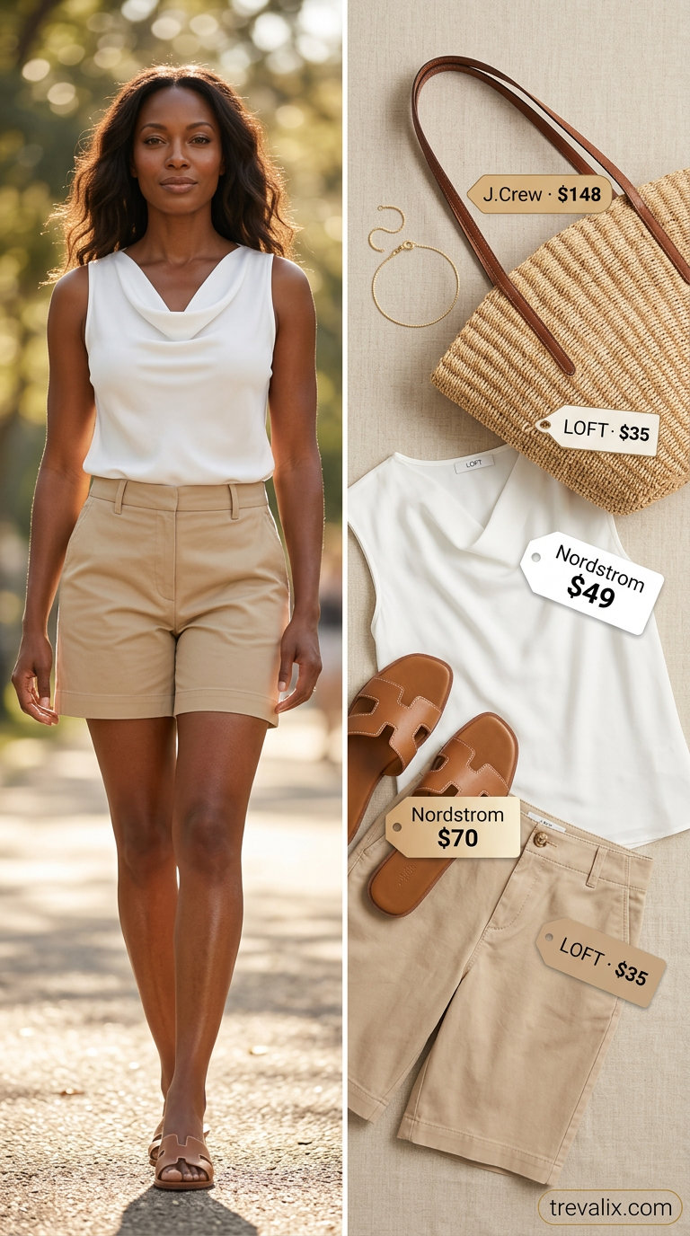 Women's summer cowl neck outfit: white linen top, beige Bermuda shorts, tan slides, straw tote. Perfect for beach days.