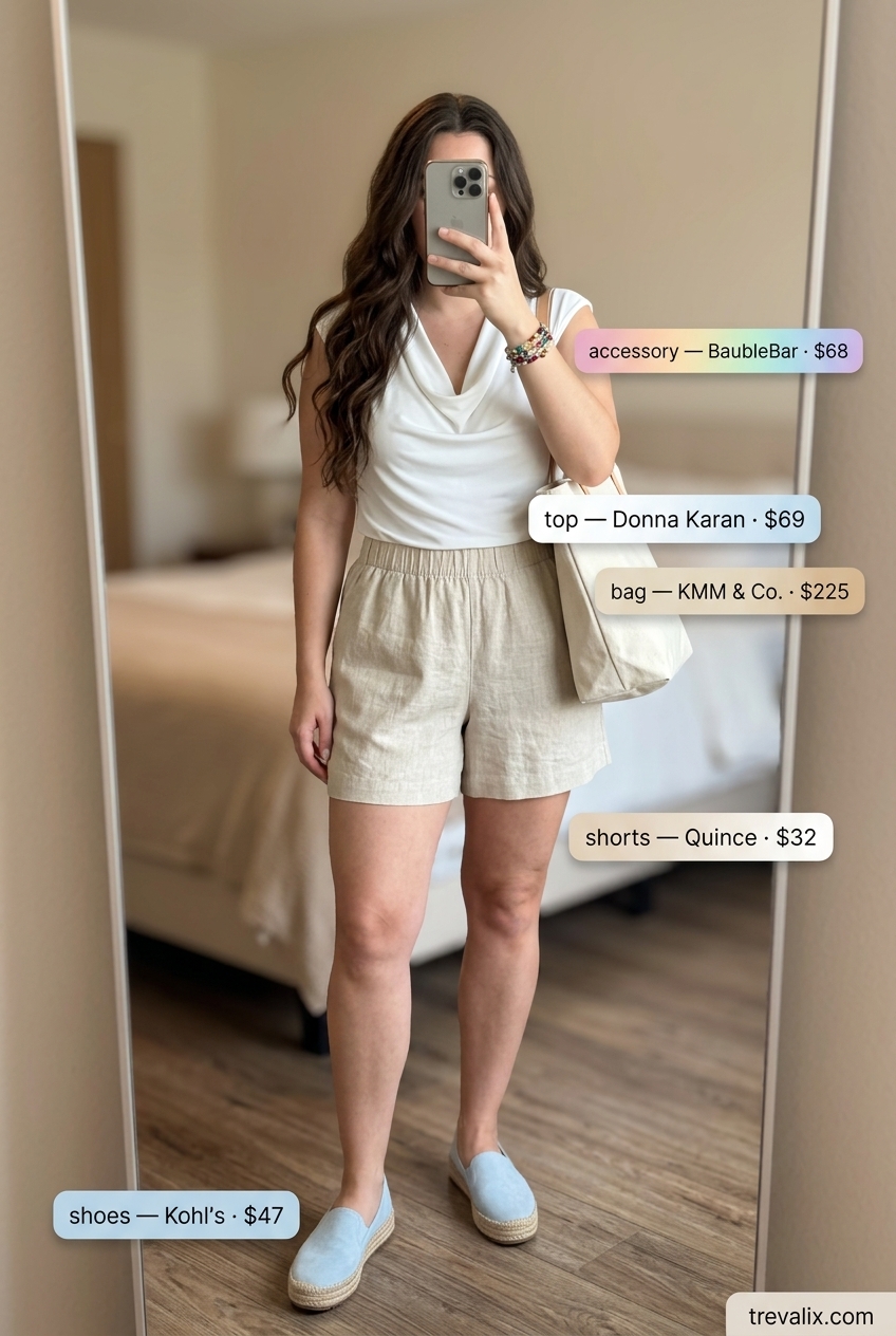 Casual weekend summer cowl neck outfits for women 2026: White cowl neck tank with beige linen shorts and espadrilles.