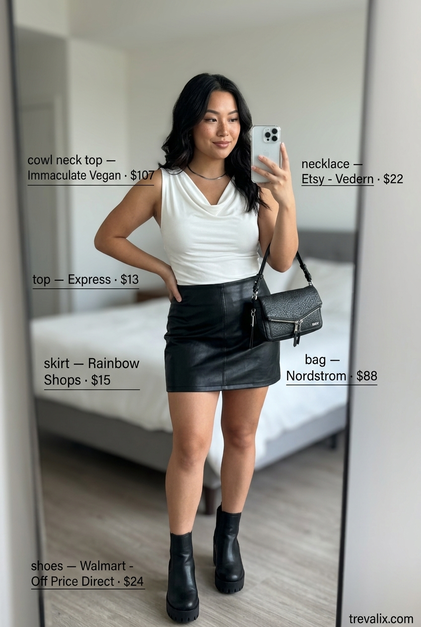 Edgy night out summer cowl neck outfits for women 2026: White cowl neck top with black faux leather mini skirt and boots.